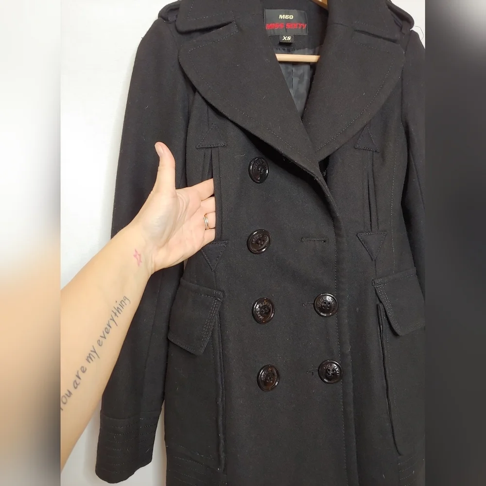 M60 Miss‎ Sixty Wool Blend Double Breasted Fitted Peacoat Black XS